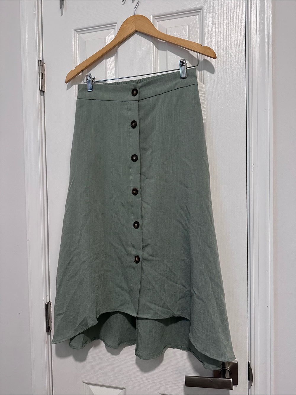 Francesca's Sage Green Asymmetrical Button-Front Midi Skirt